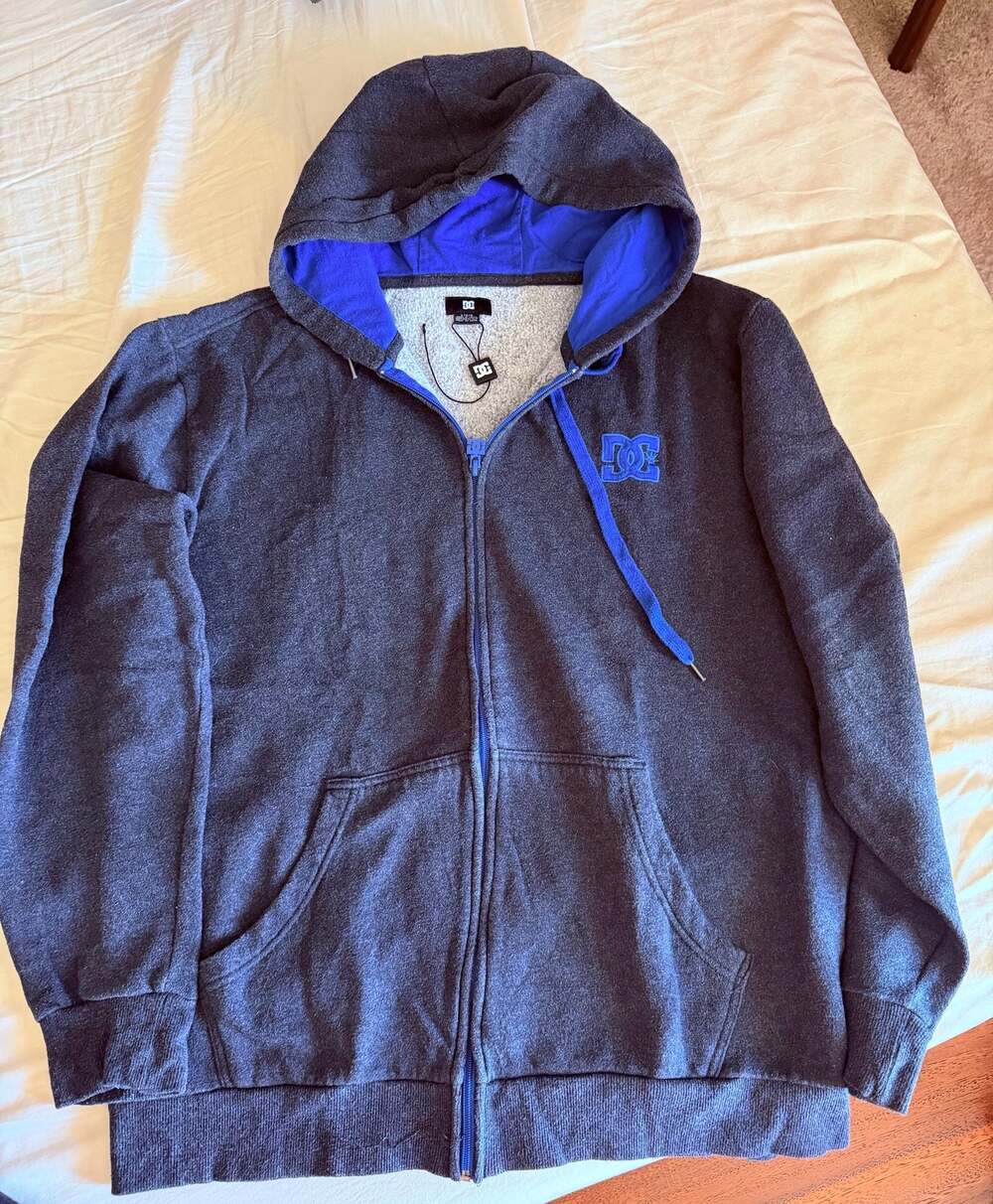 DC Shoes Full Zip Hoodie Mens Large Heather Gray Blue Fleece Lined Skate Logo